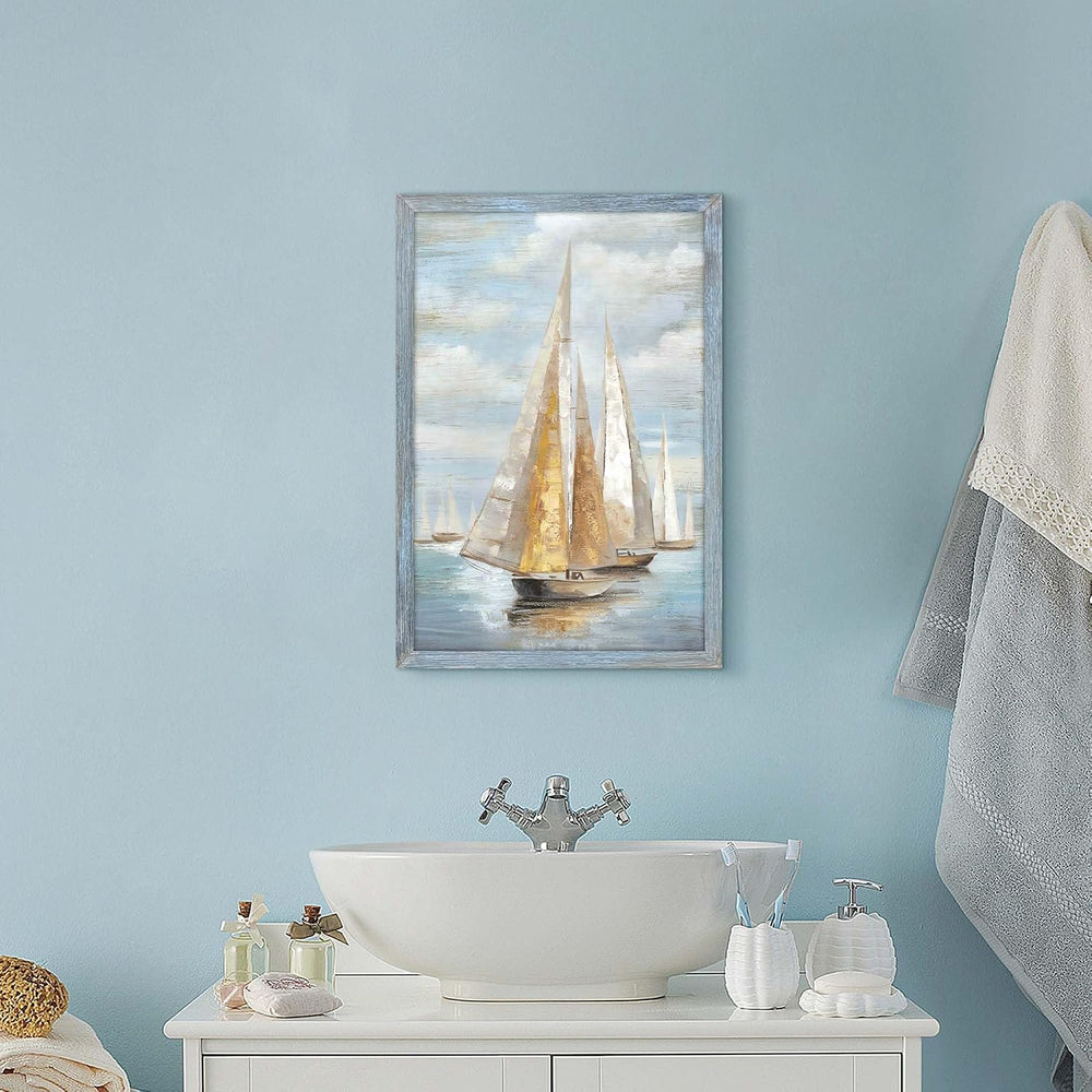 Ocean Sailboat Seascape Wall Art: Rustic Sea Boat Wooden Framed Scenery Paint...