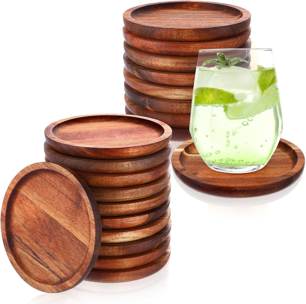 Gejoy 20 Pcs Acacia Wooden Coasters for Drinks 5 Inch Round Set