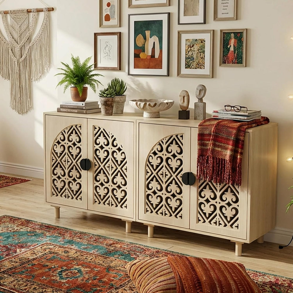 Boho Sideboard Buffet Cabinet with Adjustable Shelves, (Beige)