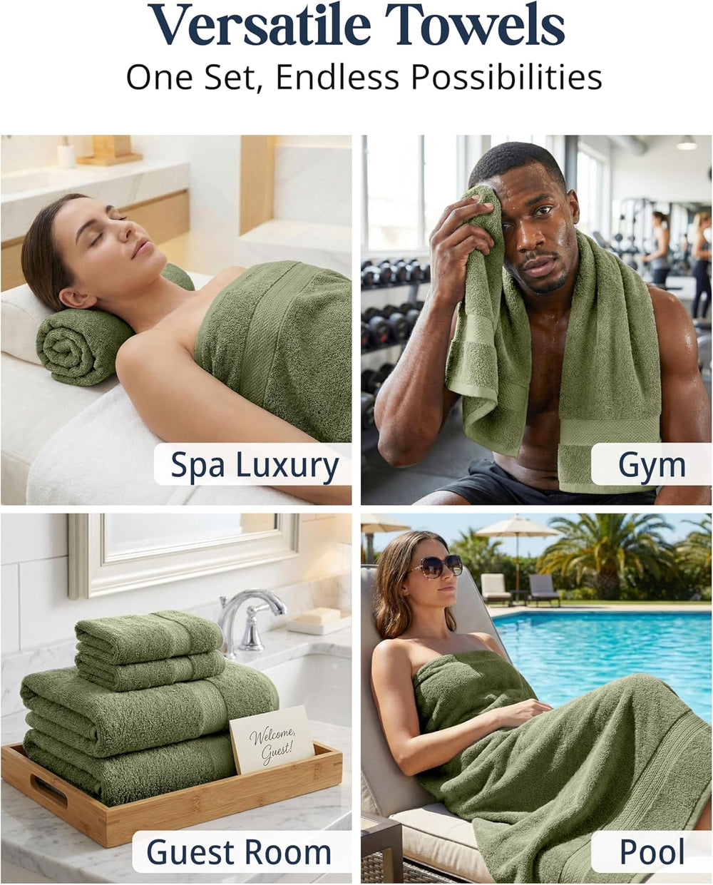 LANE LINEN Bath Towel Set 100% Cotton 6 Piece Soft Absorbent - Oil Green