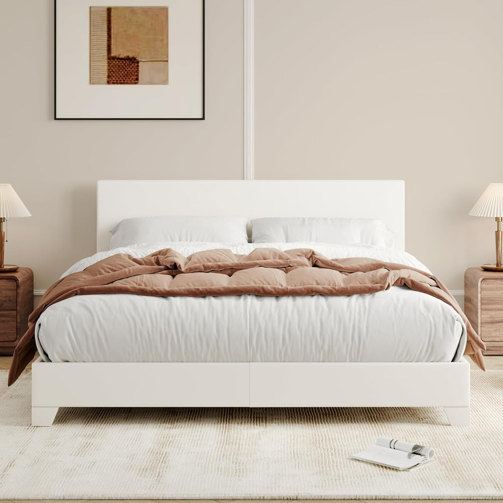 Allewie Full Size Upholstered Bed Frame Adjustable Headboard, White