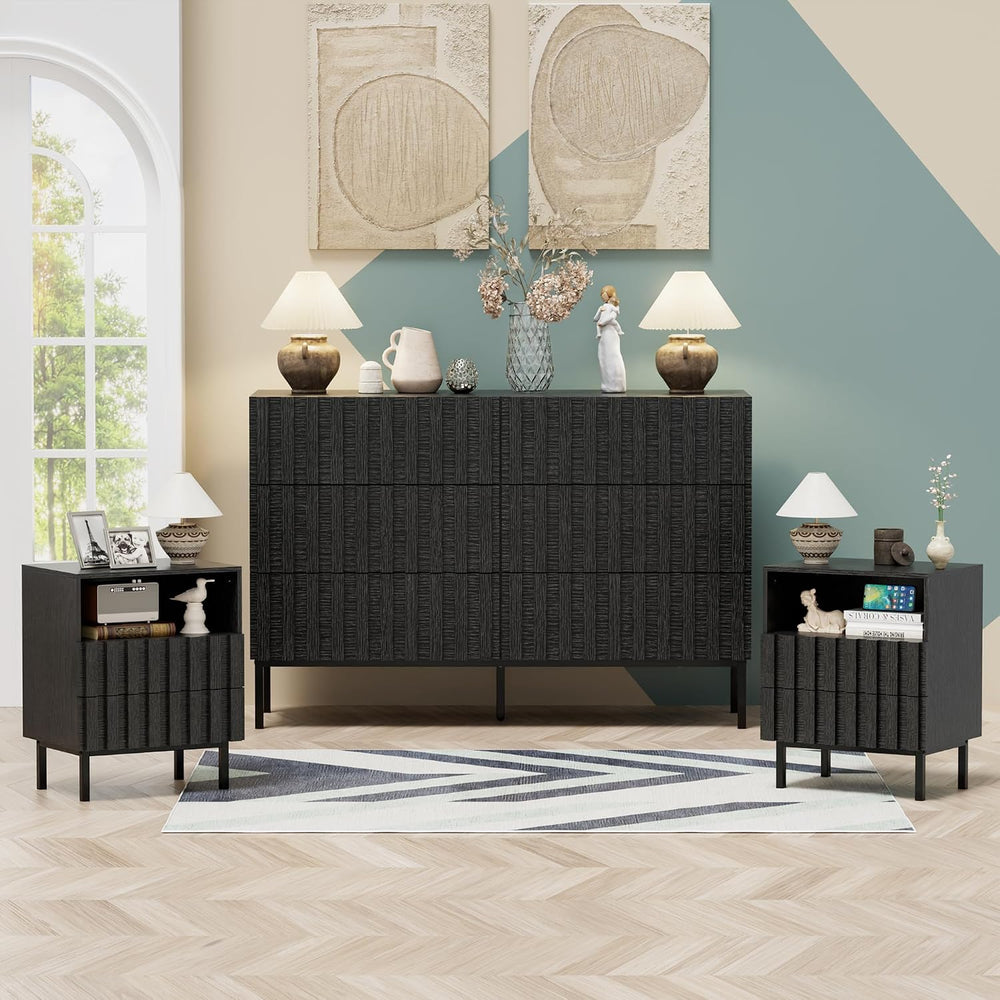 UEV 3 Piece Dresser and Nightstand Sets for Bedroom (Black)
