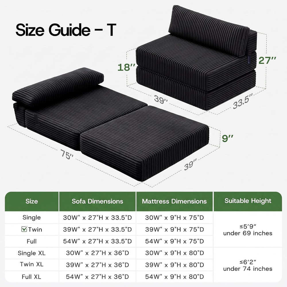 Folding Sofa Bed Convertible 4 in 1 Sleeper Chair Black Twin