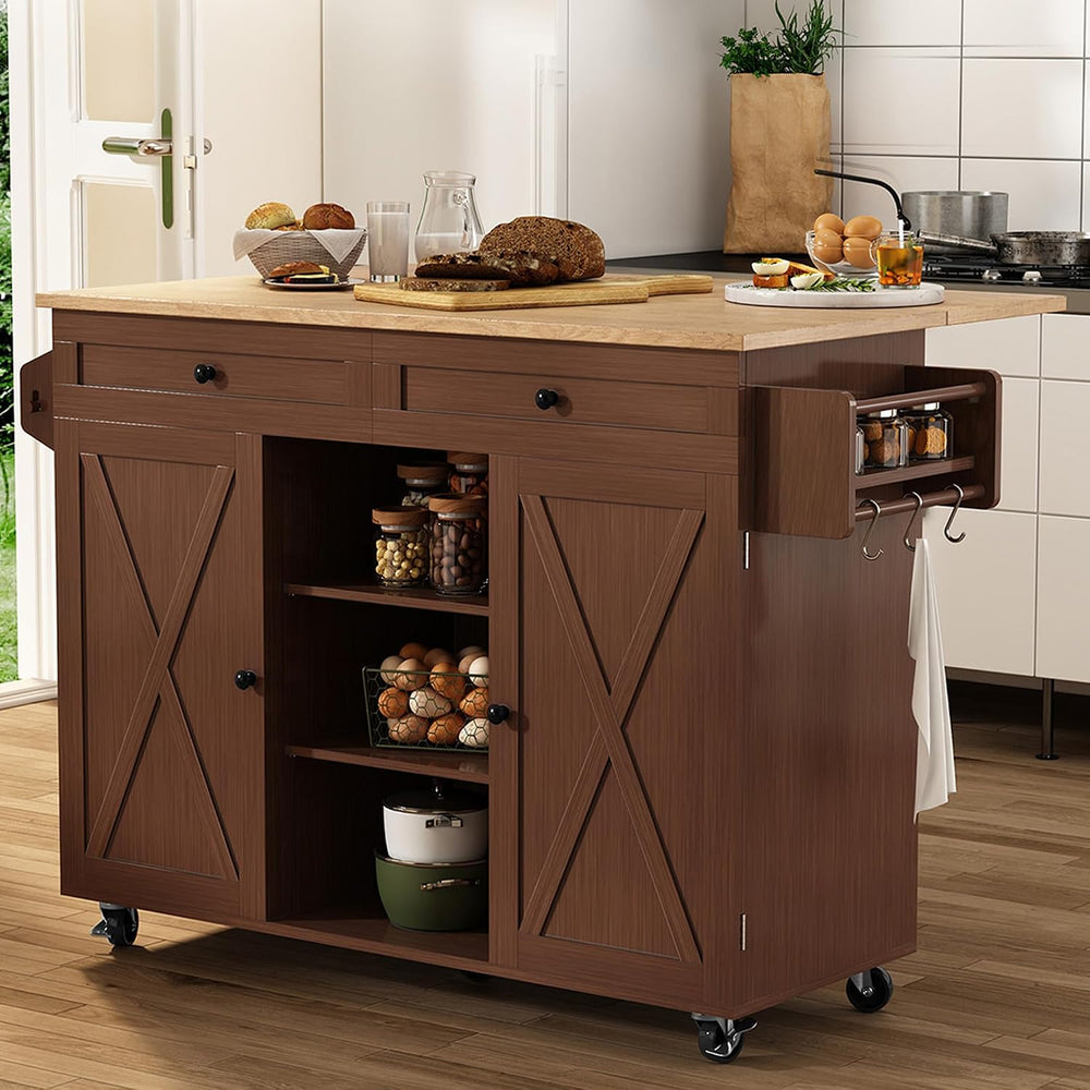 HLR Farmhouse Kitchen Island On Wheels, Brown
