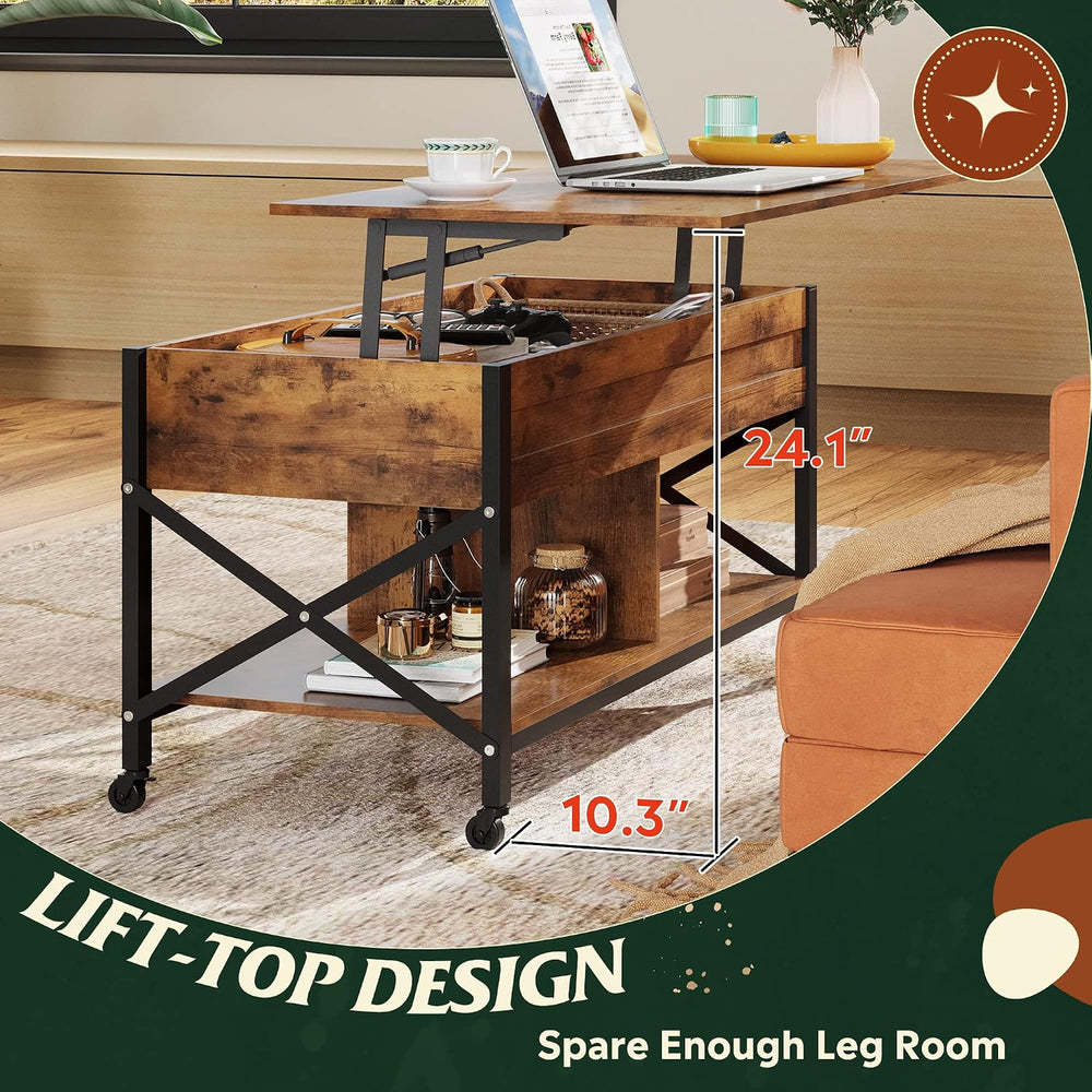 WLIVE Coffee Table Rustic Brown, 41.3" Lift Top Coffee Table with 4 Wheels