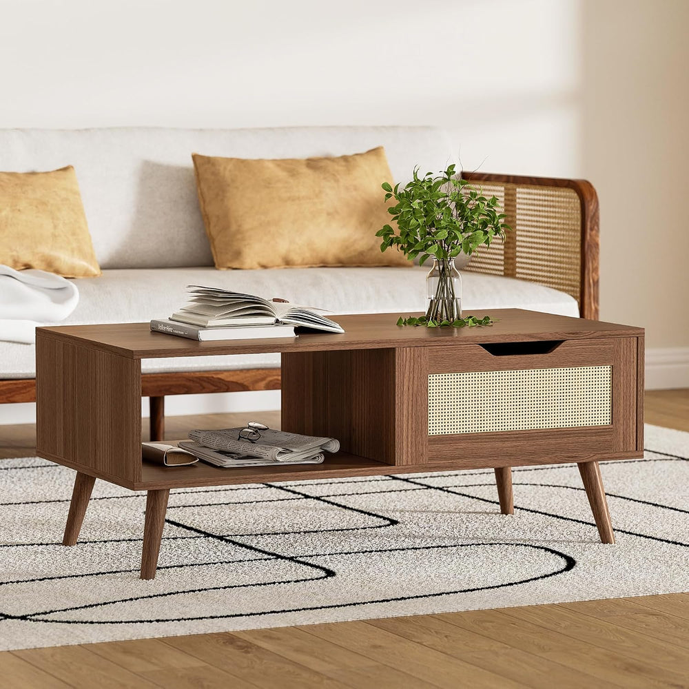 DIYART Brown Rattan Coffee Table, Mid Century Modern with Drawer & Shelf,...