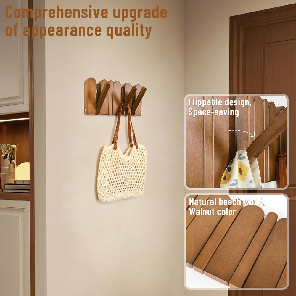 Wall Coat Rack for Entryway: Folding Wood 4 Hooks for Small Space