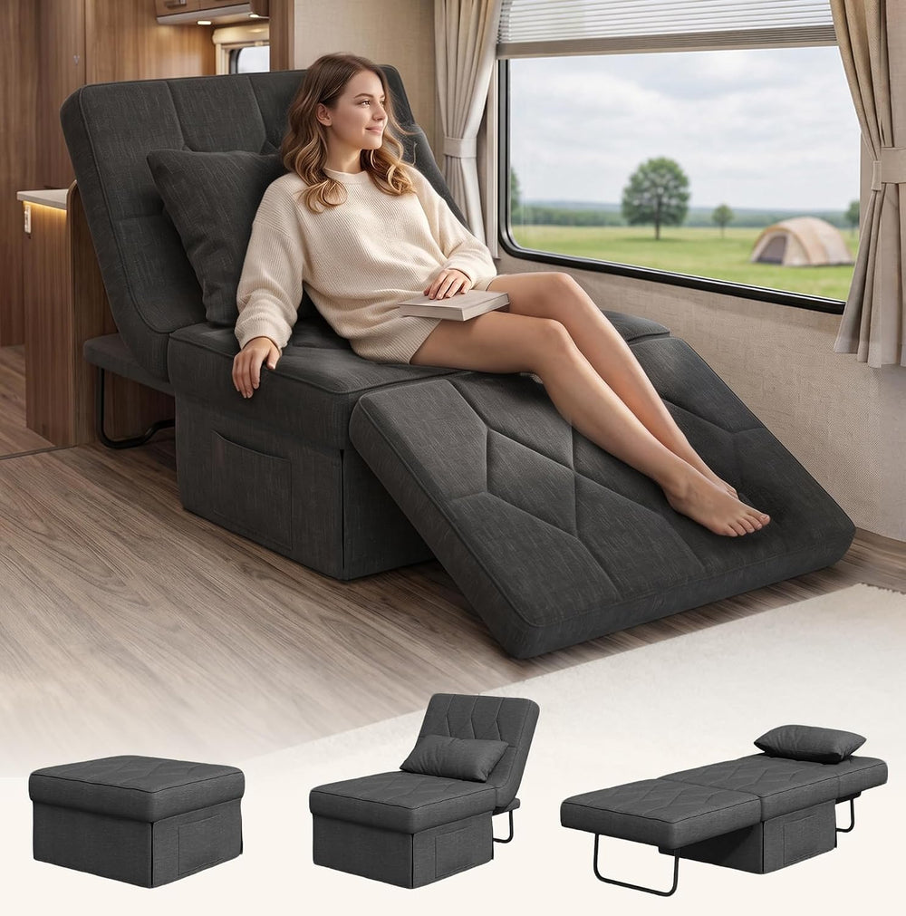 Ottoman Bed Sleeper, 28" Convertible Sleeper Chair Bed, Dark Grey