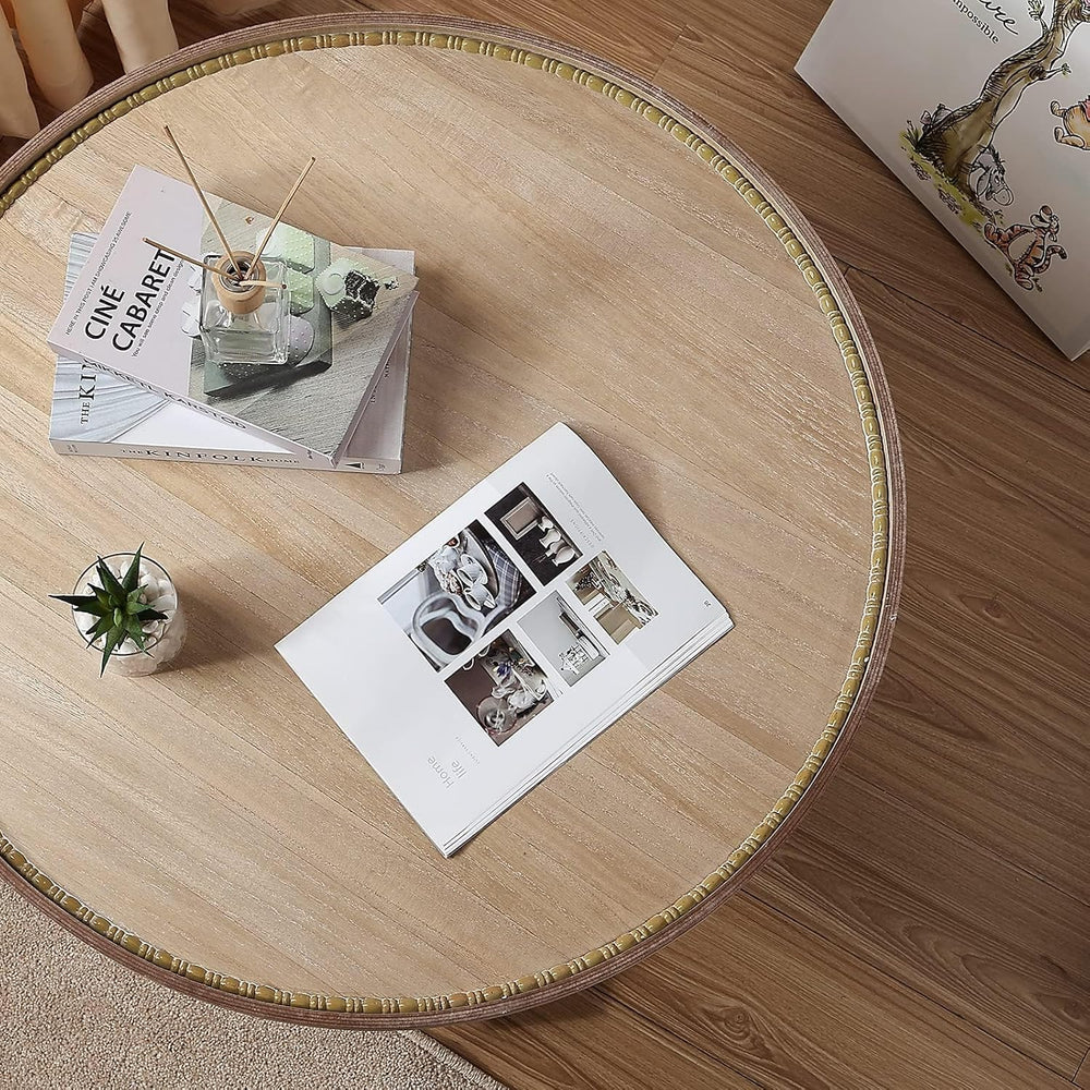 Wnutrees Farmhouse Round Coffee Table, Wood Tray Top with Storage Shelf