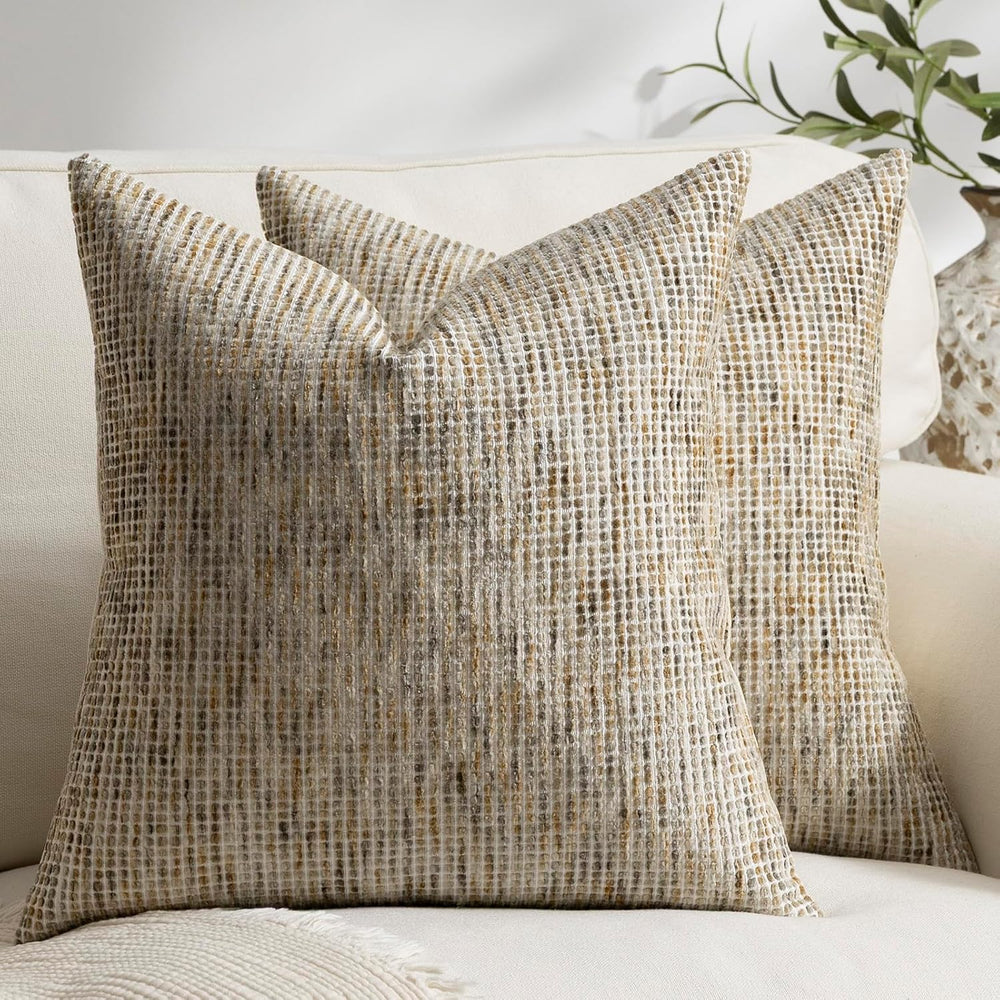 Pack of 2 Neutral Euro Sham Covers 24x24 Boho Textured Dots Stripe Chenille L...