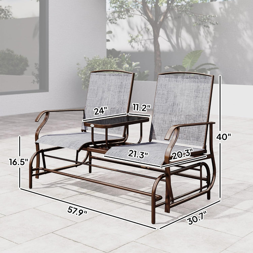 Outsunny Outdoor Glider Bench with Center Table Metal Frame Armrests Gray