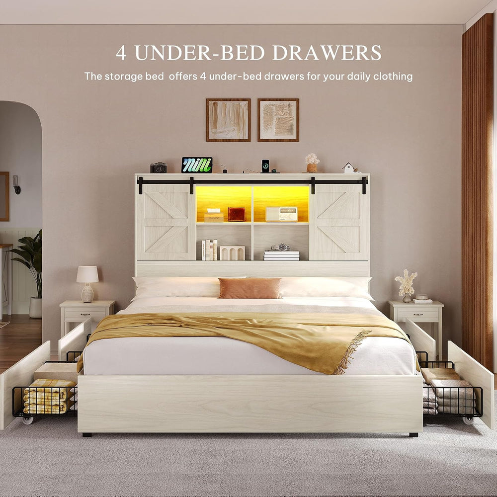 DWVO Farmhouse Queen Size Bed Frame with Storage Bookcase Headboard