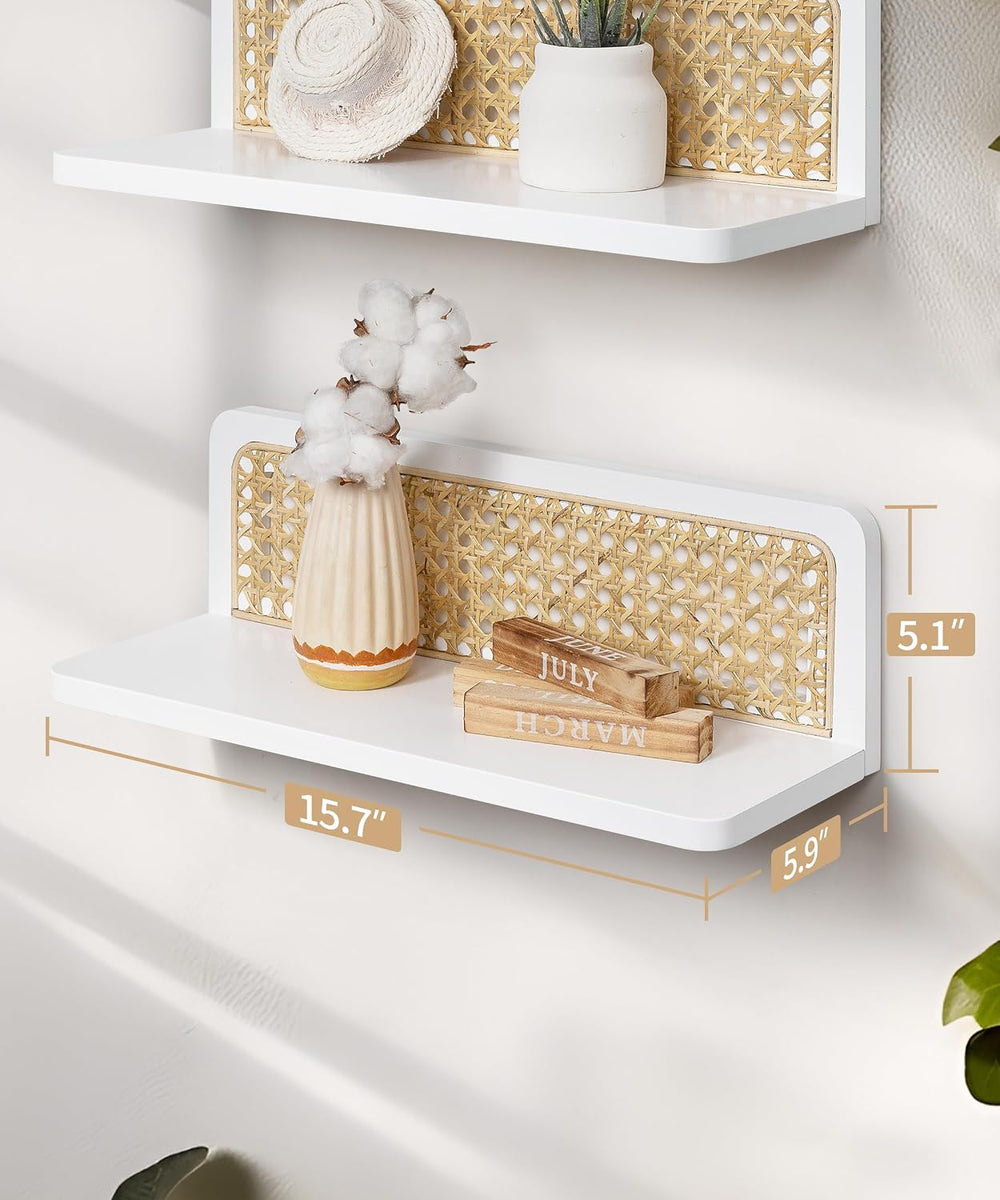 White Rattan Wall Shelf, Boho Floating Shelves, 16 Inch