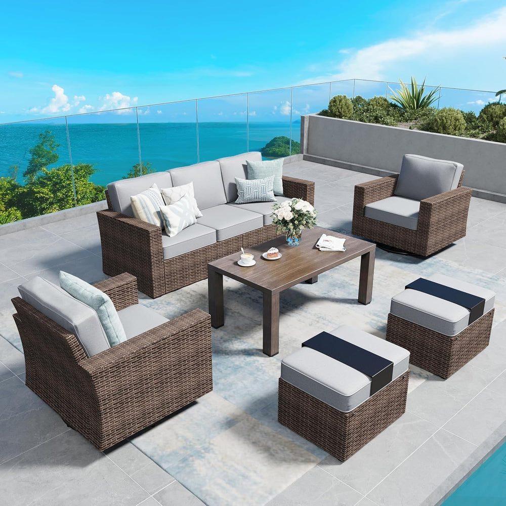 SUNSHINE VALLEY 7-Seat Wicker Patio Furniture Set with Wide Arm, Grey