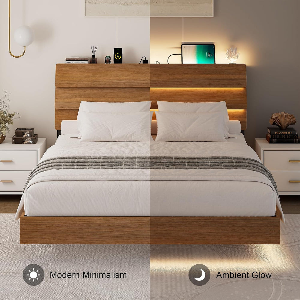 Feonase Floating Bed Frame Full with Led Lights and Charging Station, Wood Fu...