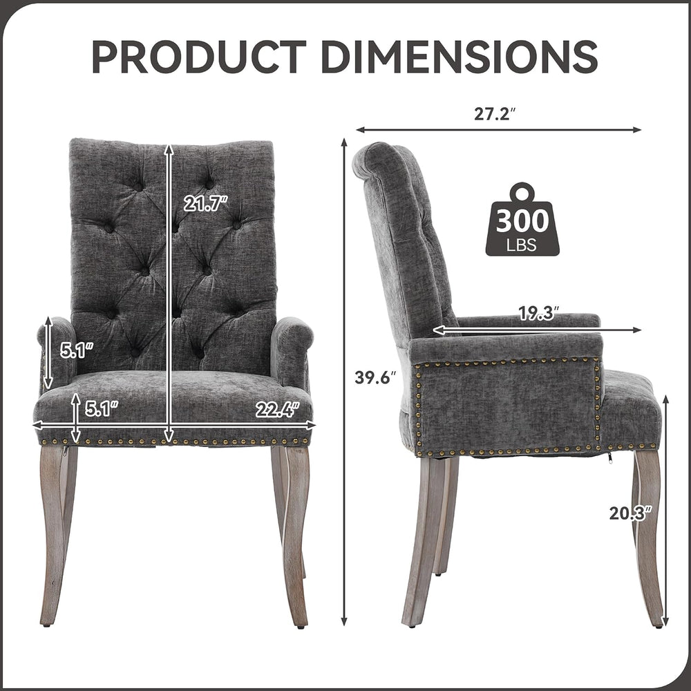 Farmhouse Upholstered Dining Chair with Arms & Nailhead Trim, Tufted Chen...