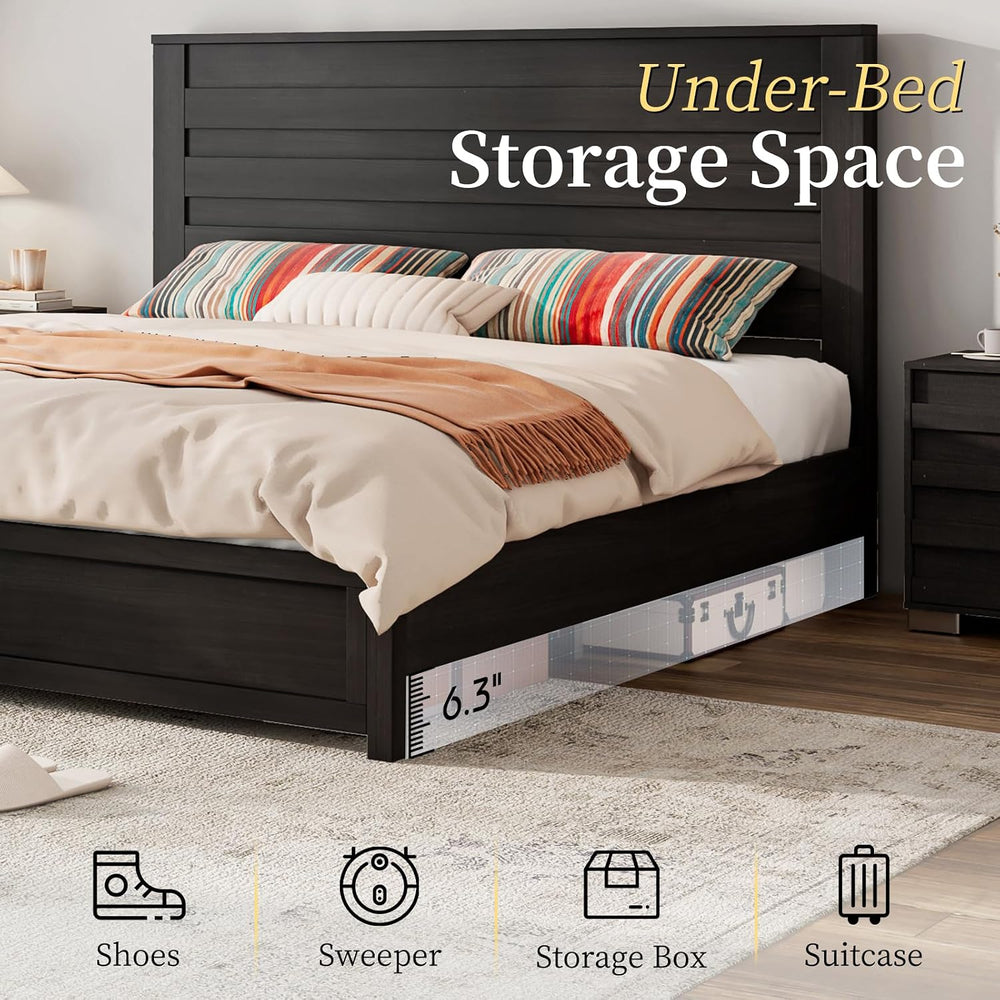 LUXOAK 3 Piece Slatted Bedroom Set Full Bed Frame & 2 Nightstands, Black