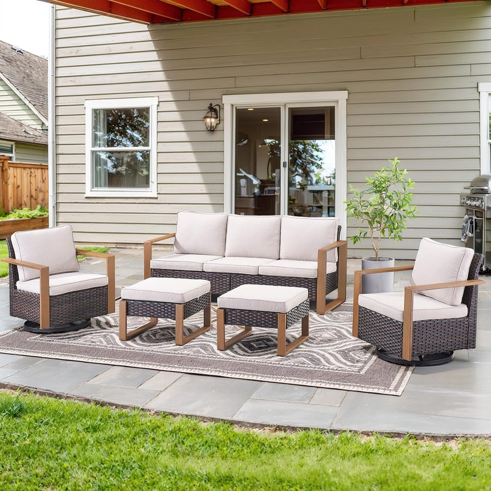 Belord 5 Piece Patio Furniture Set with Swivel Chairs, PE Wicker Patio Sofa S...