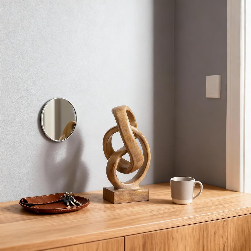 Abstract wood-toned knot sculpture, geometric decorative statue, wood-toned a...