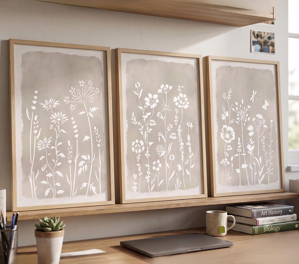 Neutral Floral Wall Art Set of 3, Brown Framed Botanical Canvas Prints