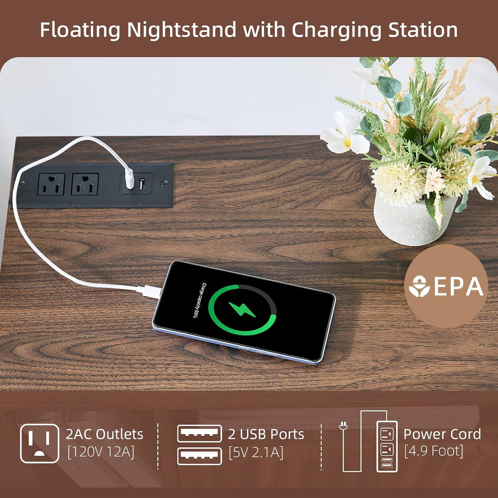 BuildHom Floating Nightstand Set of 2 with Charging Station, Walnut