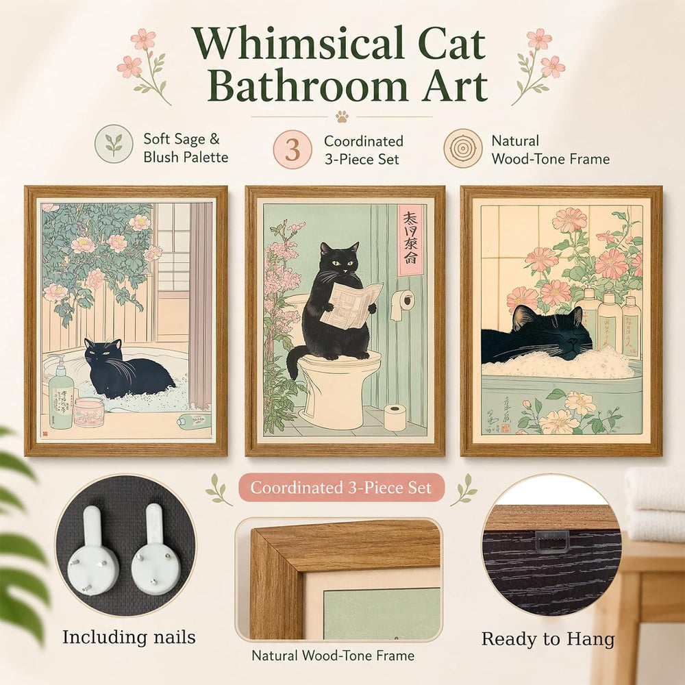KISSFOX Framed Japanese Bathroom Wall Art Funny Cat Spa Pictures Wall Decor