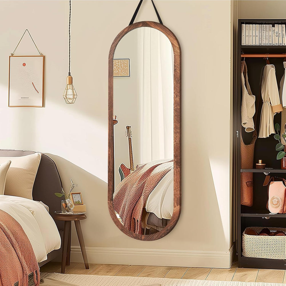 48x16in Oval Full Length Mirror Solid Wood Frame, Brown