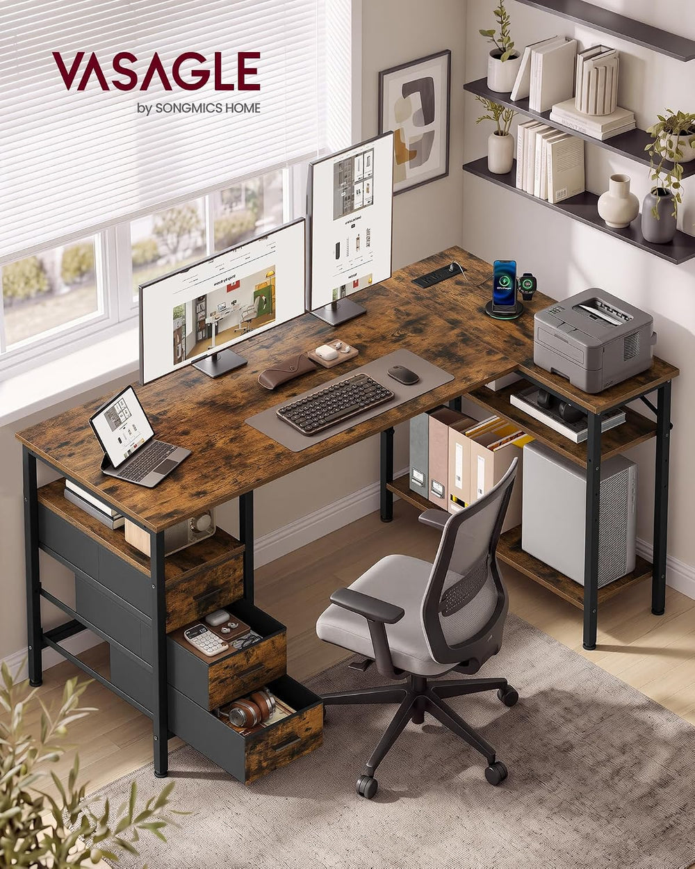 VASAGLE L Shaped Computer Desk with Drawers, Large Gaming Desk with Shelves