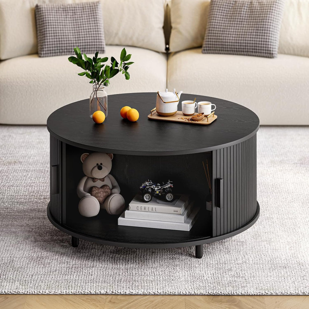ONBRILL 31.5" Round Coffee Table with Storage Adjustable Footpads Black