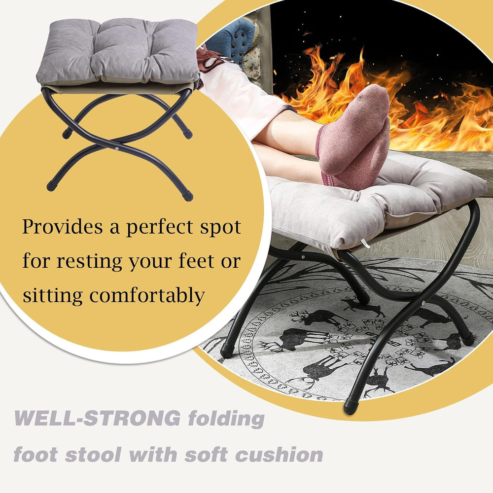 15" Upholstered Folding Foot Rest Stool with Metal Frame Light Grey