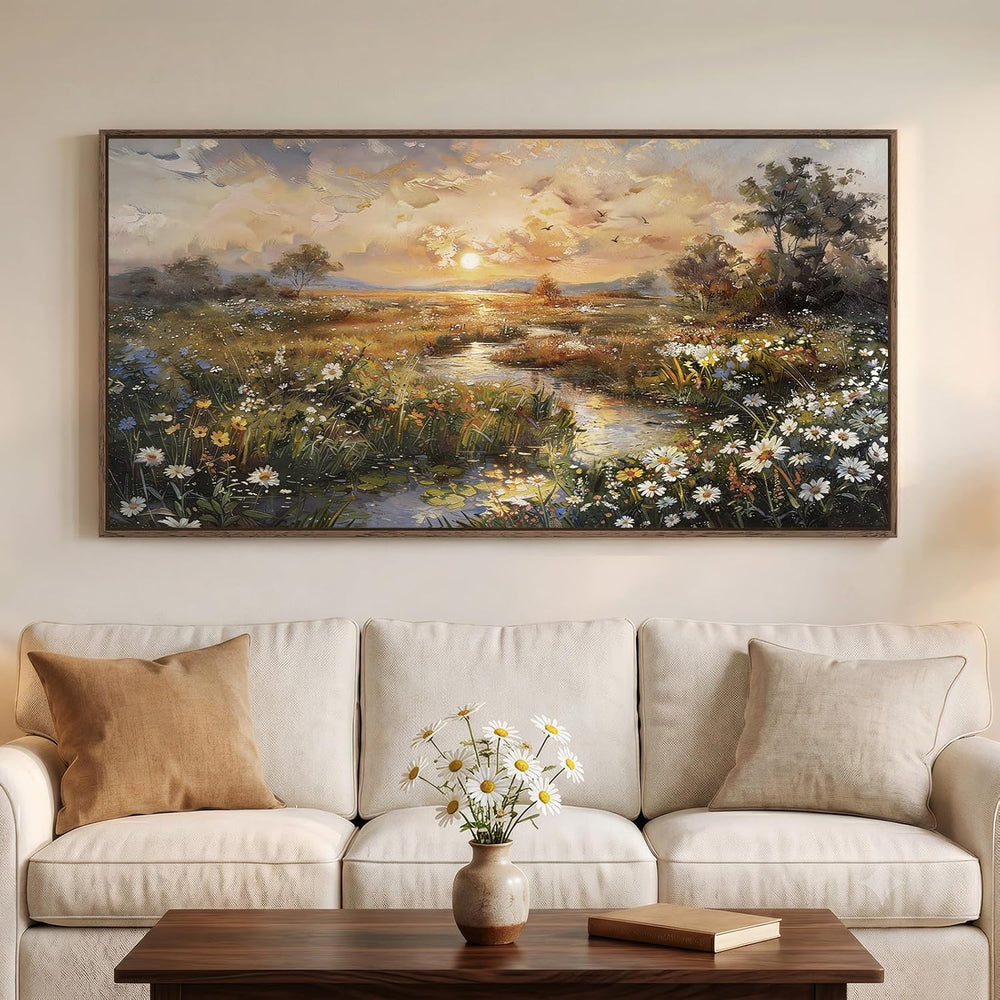 Large Framed Vintage Sunset Landscape Wall Art for Living Room, 60x30 Inch
