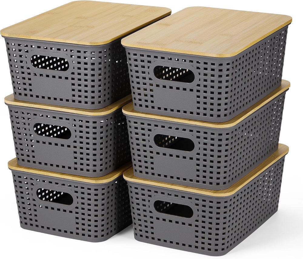 Ohmlove 6 Pack Plastic Storage Baskets with Bamboo Lids for Organization
