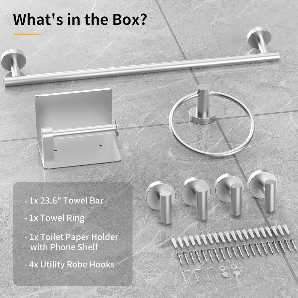 Brushed Nickel Bathroom Hardware Set 7 Piece with 23.6 Inch Towel Bar