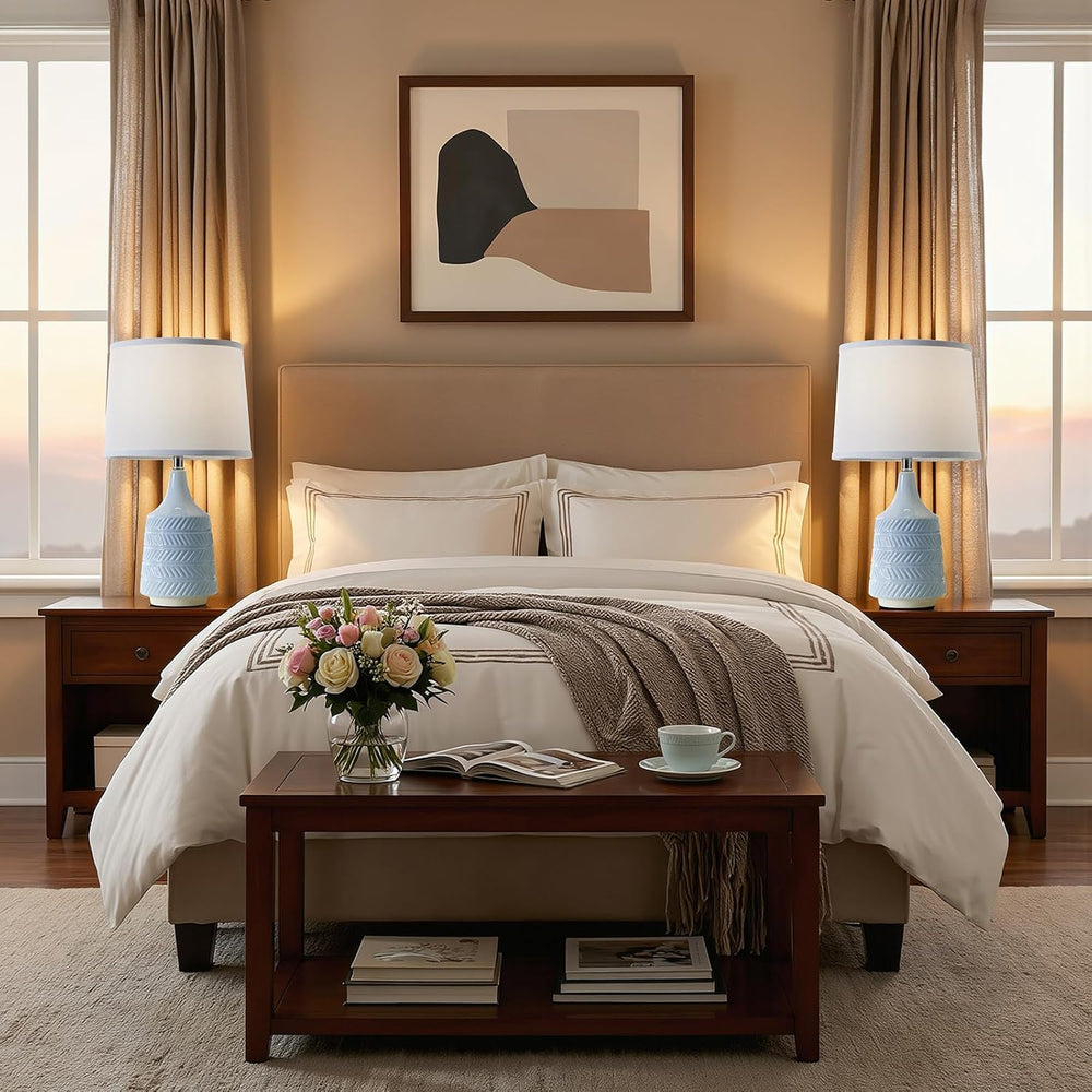 Sky Blue Ceramic Table Lamps Set of 2, 18.5" Modern Bedside Lamps for Ni...