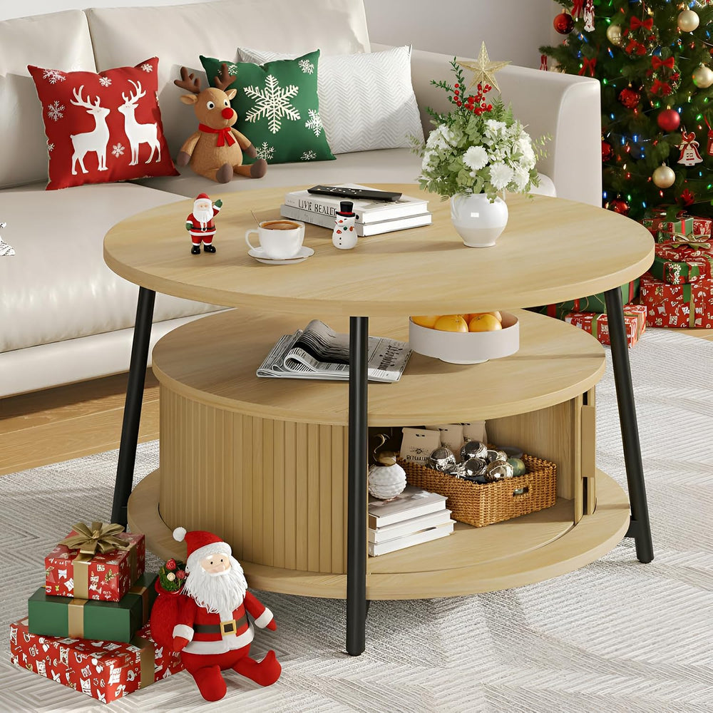 ONBRILL 31.5" Round Coffee Table with Storage and 2 Tiers, Oak