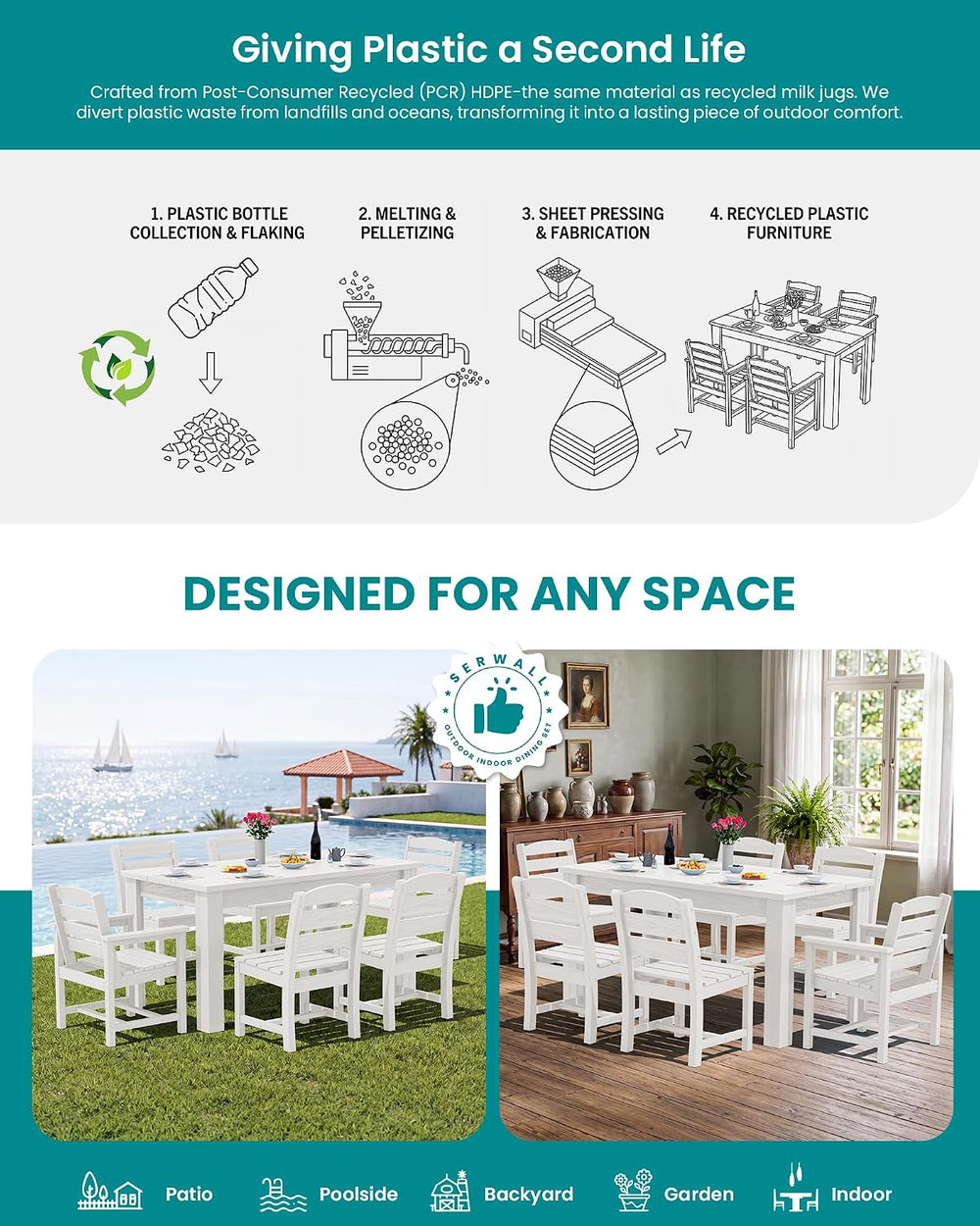 SERWALL 59" Patio Dining Set for 6, w/ 1 Table & 6 Chairs, White