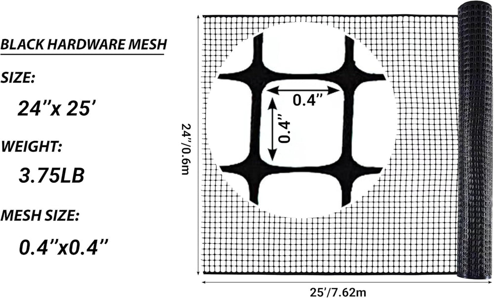 PotatoLife Black Plastic Garden Fence, Hardware Mesh, 24'' x 25'