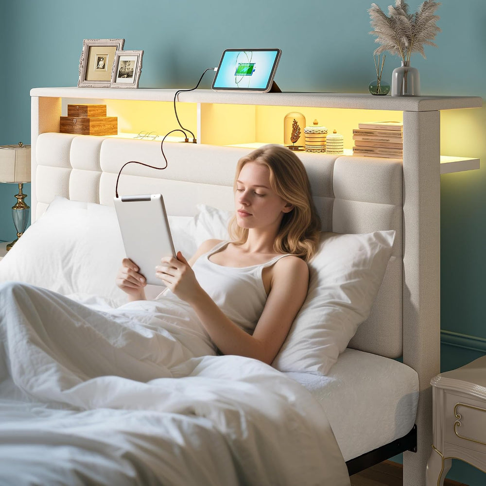 EnHomee Queen Upholstered Bed Frame with LED Lights & Charge Station, Beige
