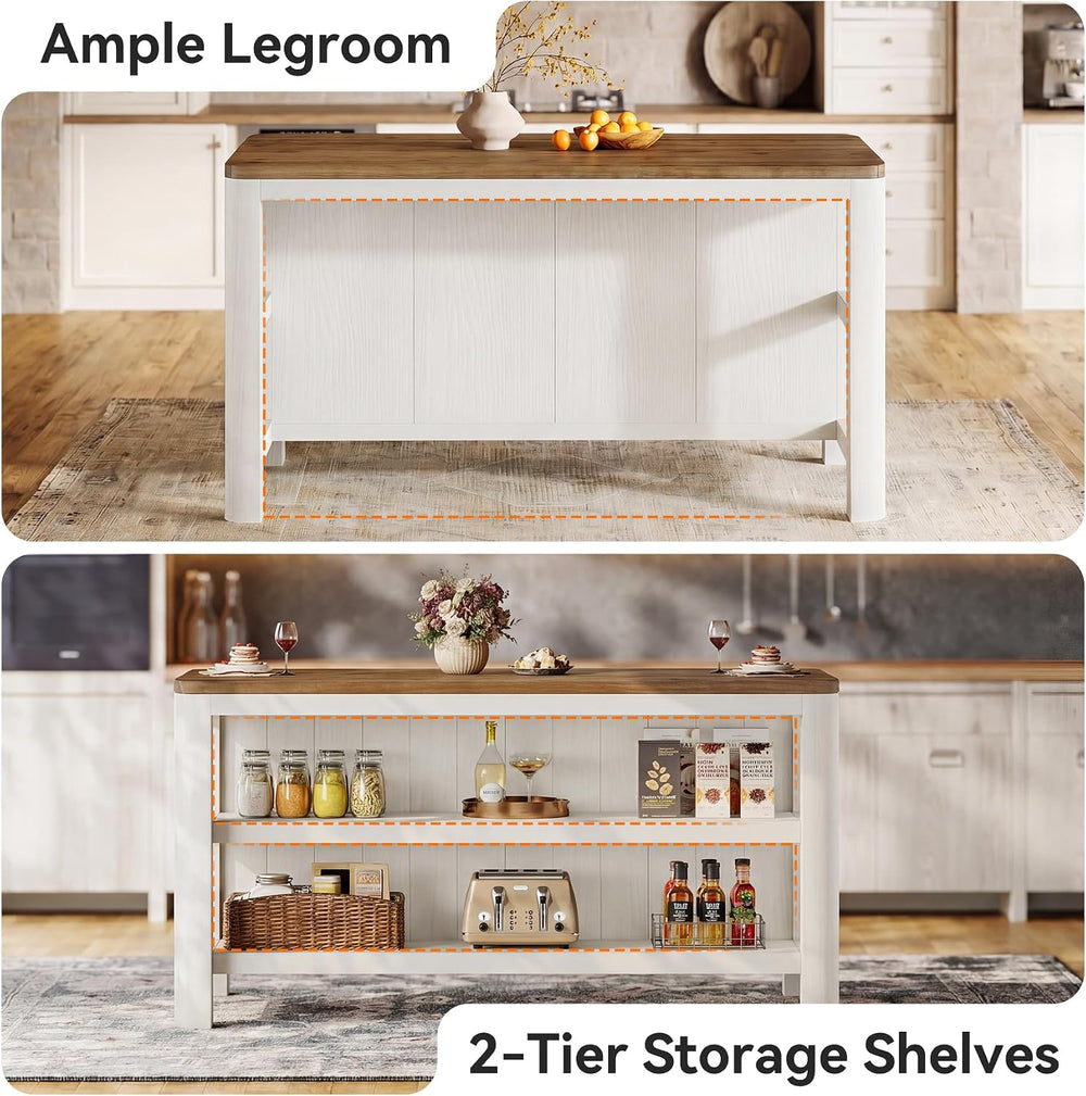 63" Solid Wood Kitchen Island with Storage Shelves, White & Brown