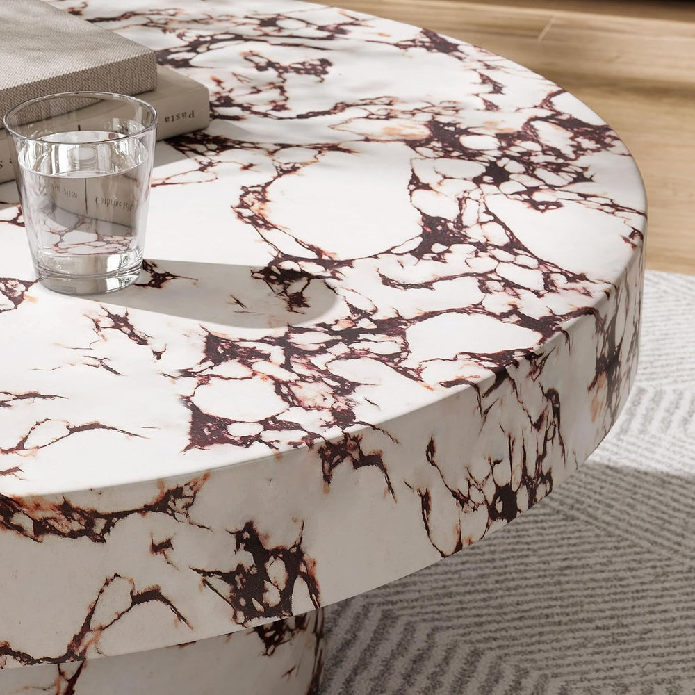 Modway Alora Round Concrete Coffee Table with Faux Stone Finish in Red Marble...