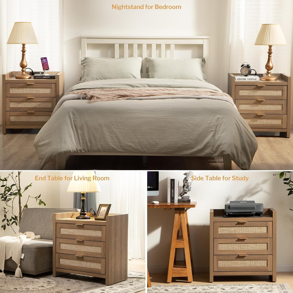 SICOTAS Rattan Nightstand for Bedroom, Bedside Table with 3 Large Drawers