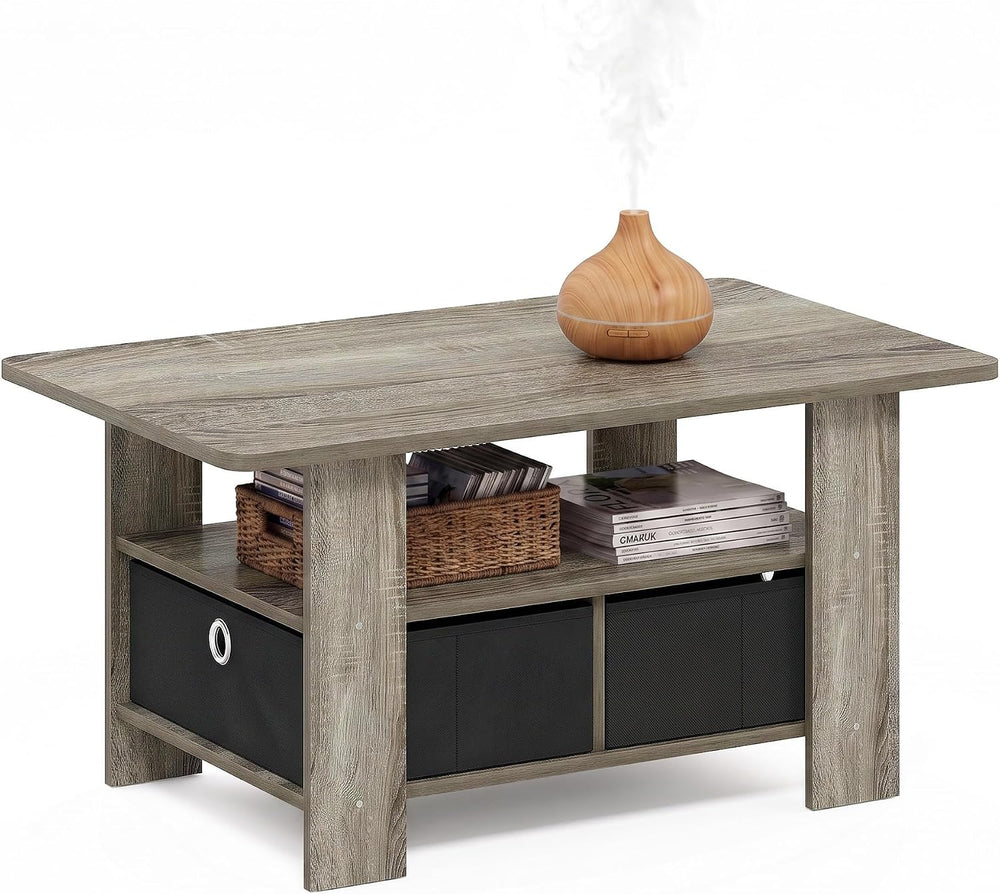 Furinno Andrey Coffee Table with Bin Drawer, French Oak Grey/Black