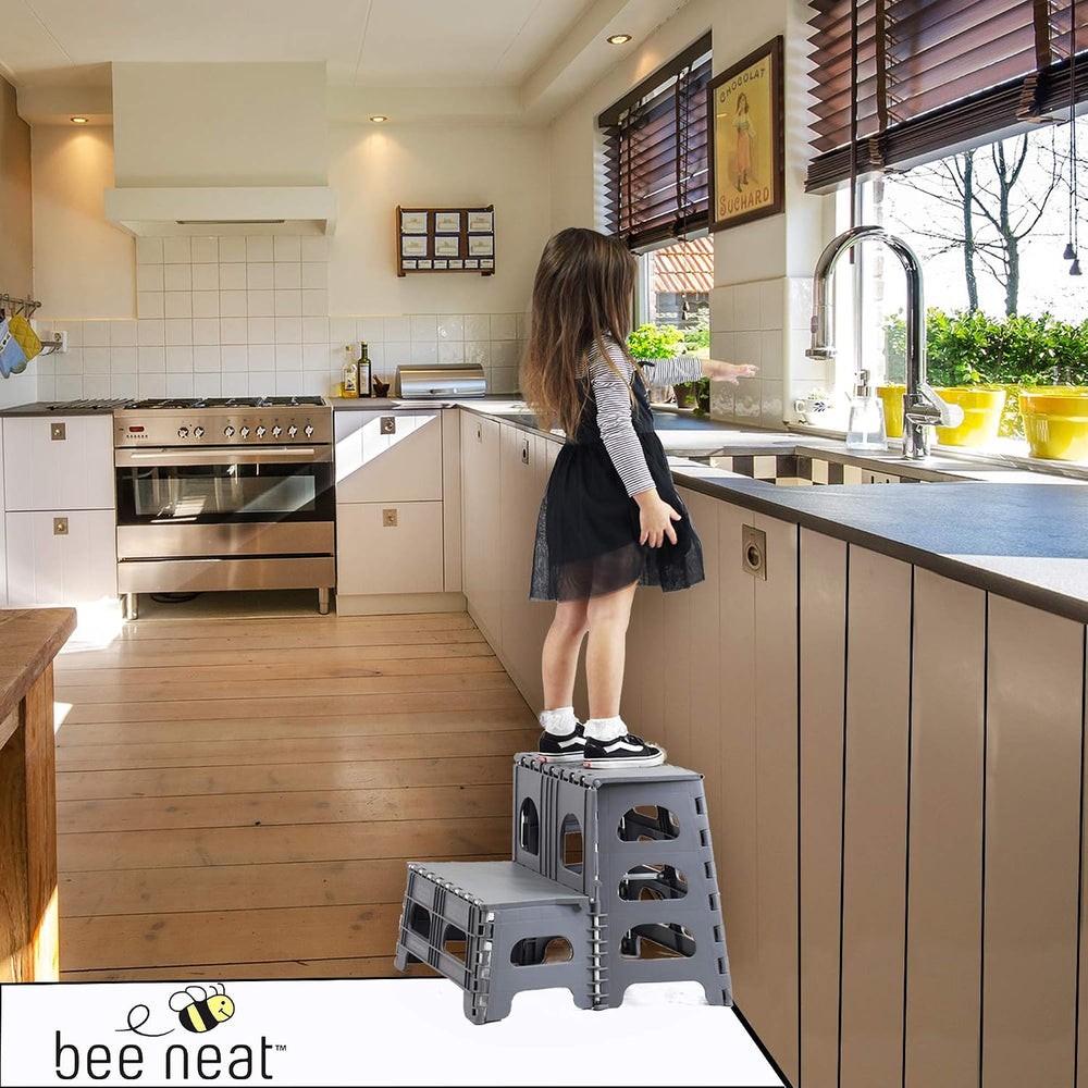 Bee Neat Foldable Step Stool, Non-Slip, Wide Stairs, Supports 200lbs, Gray