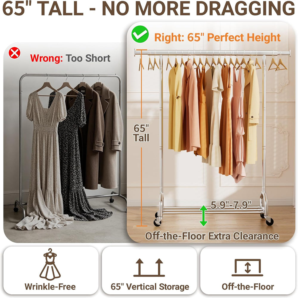 65" Metal Clothes Rack, Heavy Duty Rolling Clothing Rack 380LBS