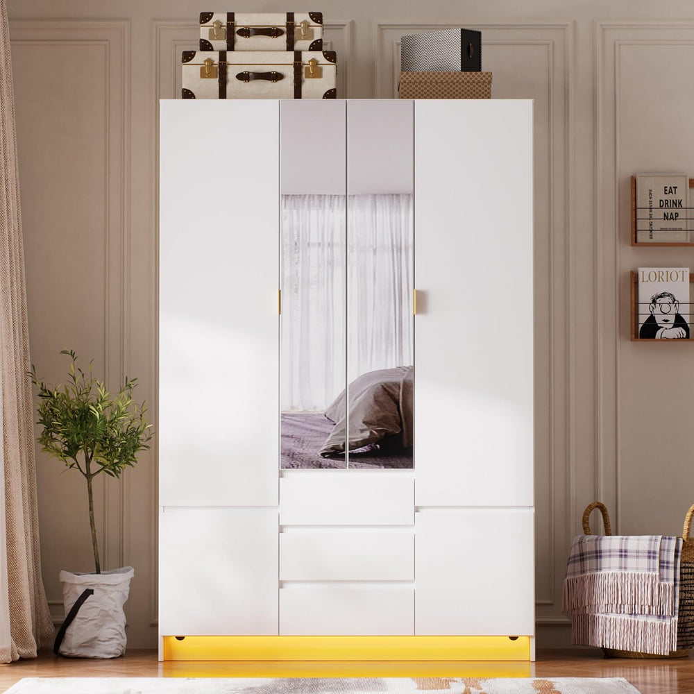 PAKASEPT 4 Doors Armoire Wardrobe Closet with Led Light & Mirror, Bedroom...