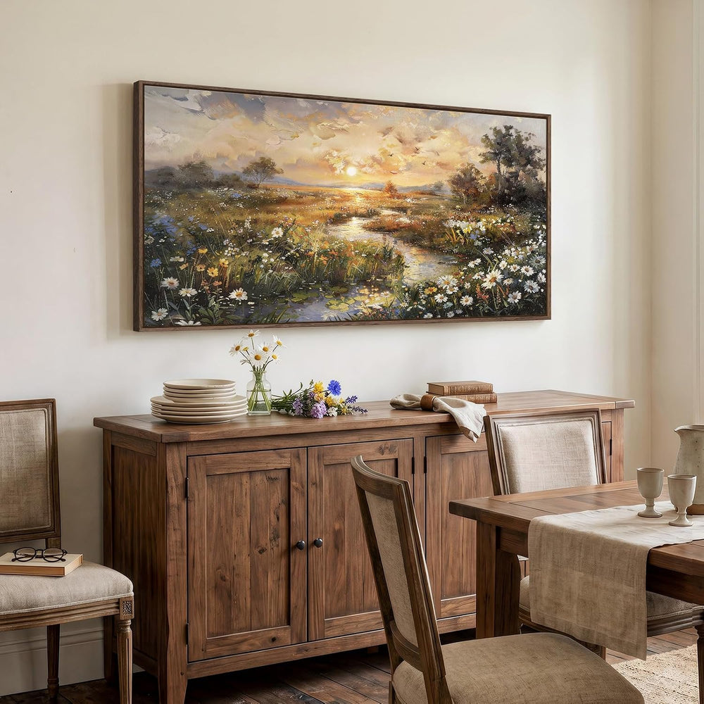 Large Framed Vintage Sunset Landscape Wall Art for Living Room, 60x30 Inch