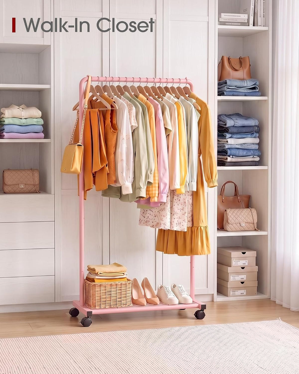 Sakugi Clothes Rack - Clothing Rack with Storage Mesh Shelf & Casters, He...