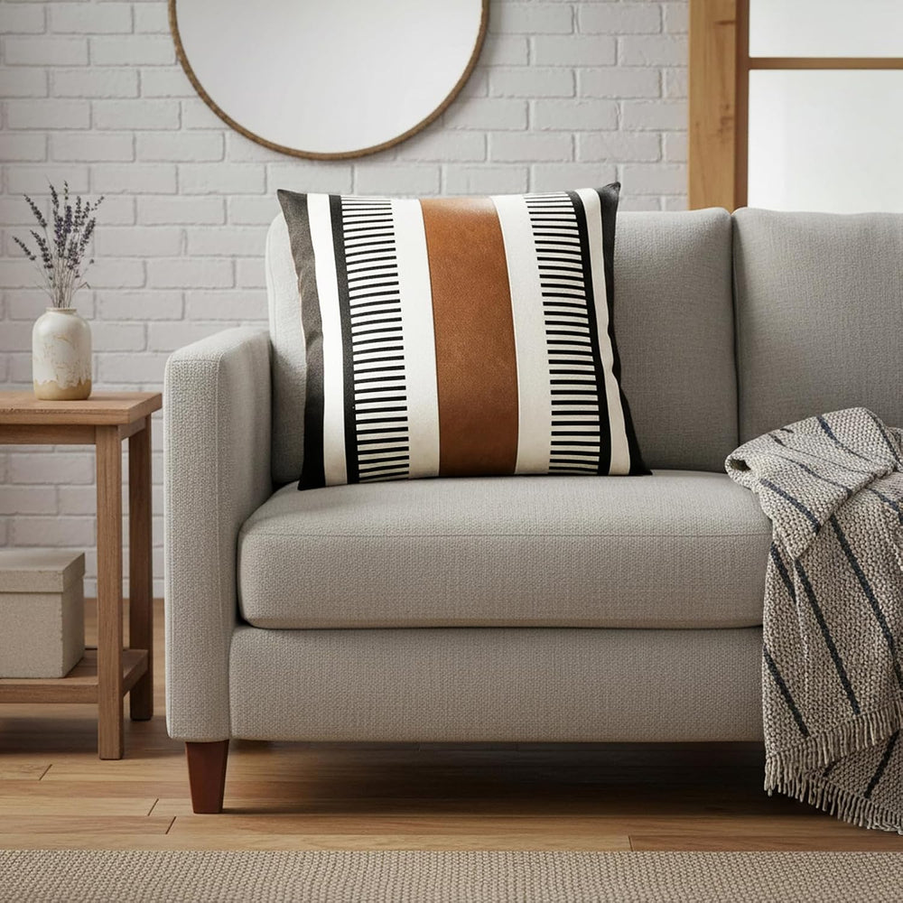 Decorative Striped Throw Pillow Cover 26x26 Inch Black White & Brown