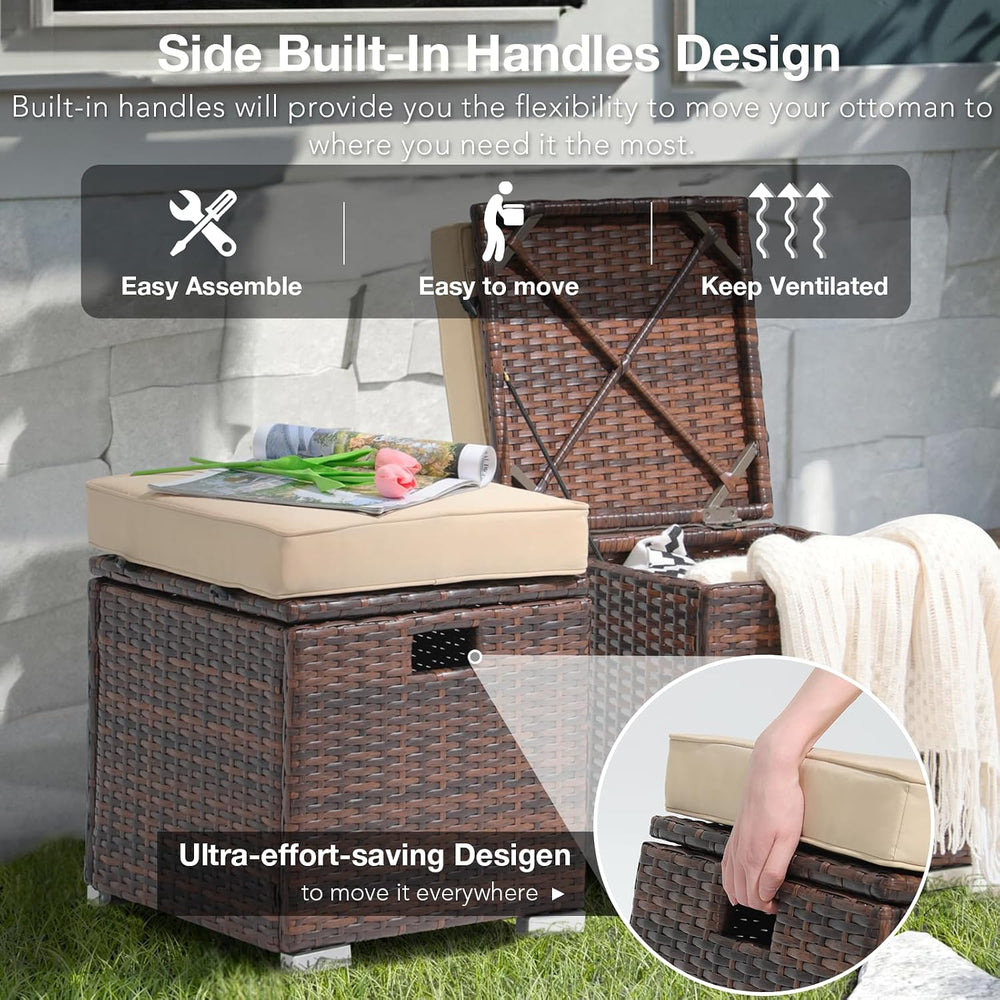 Patiorama 2 Piece Outdoor Patio Ottoman with Storage, Wicker, Beige