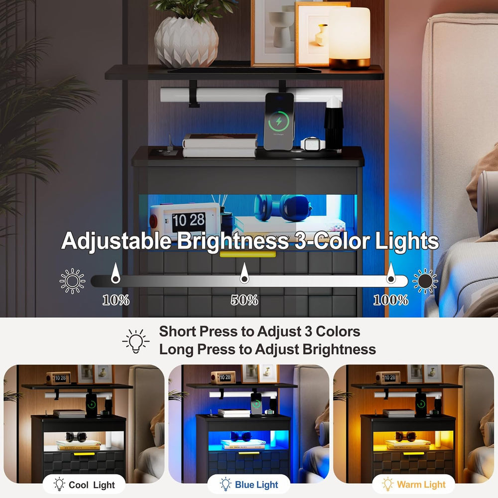 Lareth Rolling Nightstand with Wheels, LED Lights, Charging Station
